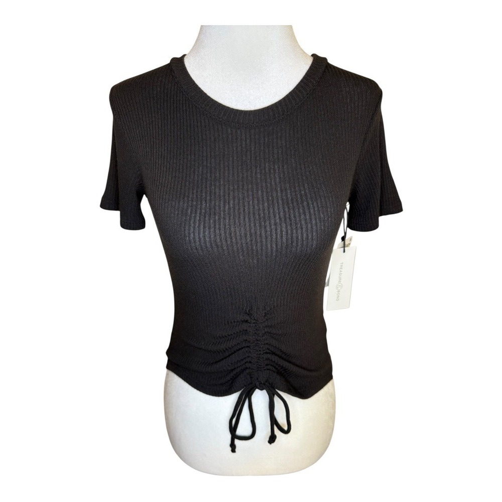 Treasure &‎ Bond Ribbed Cinched Tie Front Top XXS Black Short Sleeve NWT